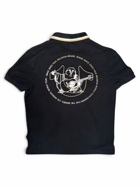 True Religion Black Polo with Cream Graphic Buddha Guitar